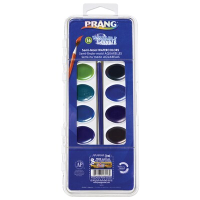 Prang Semi-Moist Washable Watercolor Paint with Brush, Assorted Colors, 16 Colors/Set (16016)