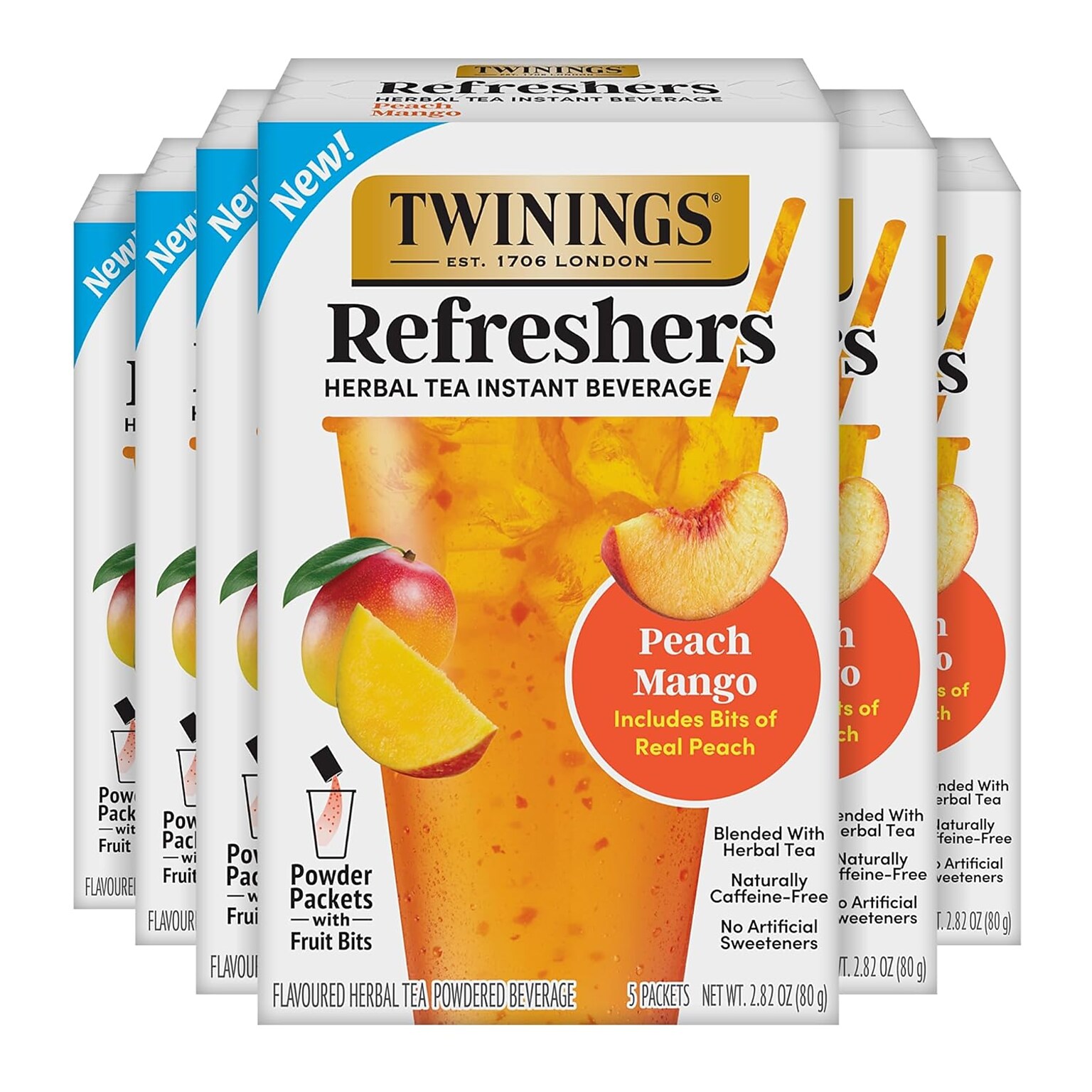 Twinings Peach Mango Refresher Powder Drink Mix, 5 Packets/Box, 6/Boxes (TNA56047)