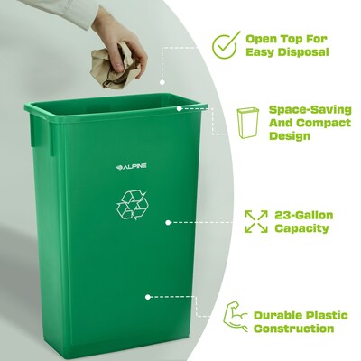 Alpine Industries Polypropylene Commercial Indoor Recycling Bin with Dolly, 23-Gallon, Green (ALP477-GRN-PKD)