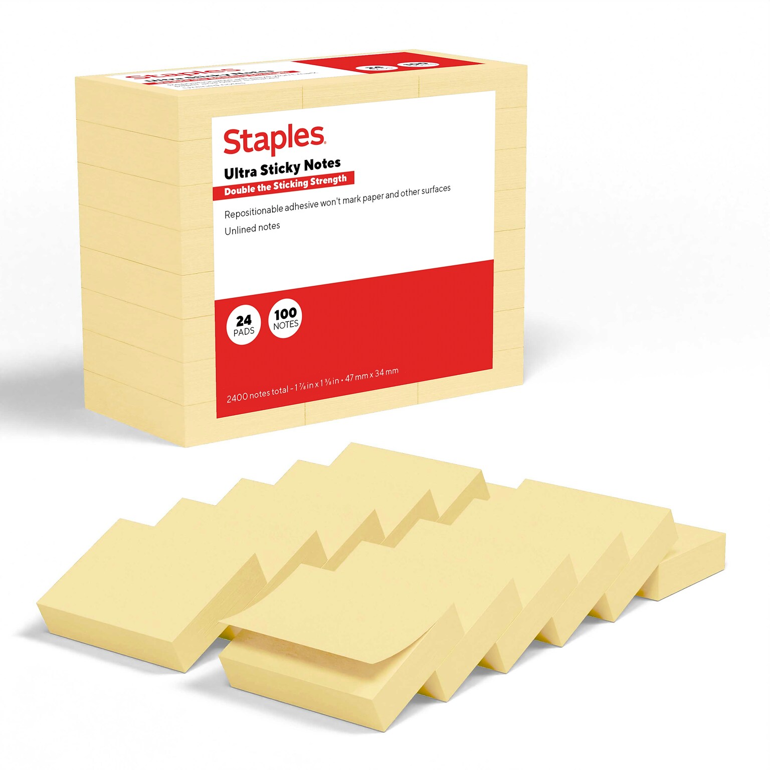 Staples Ultra Sticky Notes, 1 3/8 x 1 7/8, Sunshine Collection, 100 Sheets/Pad, 24 Pads/Pack (ST62878)