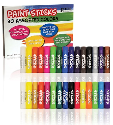Better Office Products Solid Tempera Paint Sticks, Washable, 30 Assorted Colors, Non-Toxic, 30/Box (