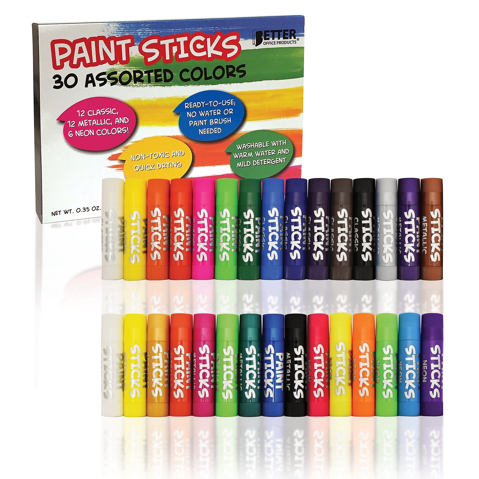 Better Office Products Solid Tempera Paint Sticks, Washable, 30 Assorted Colors, Non-Toxic, 30/Box (00630-30PK)