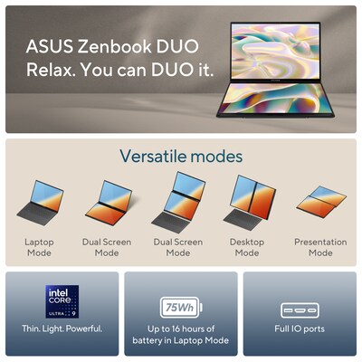ASUS Zenbook DUO 14" Dual OLED Touchscreen AI Laptop, Intel Core Ultra 9 285H, 32GB RAM, 1TB SSD, Windows 11 Home