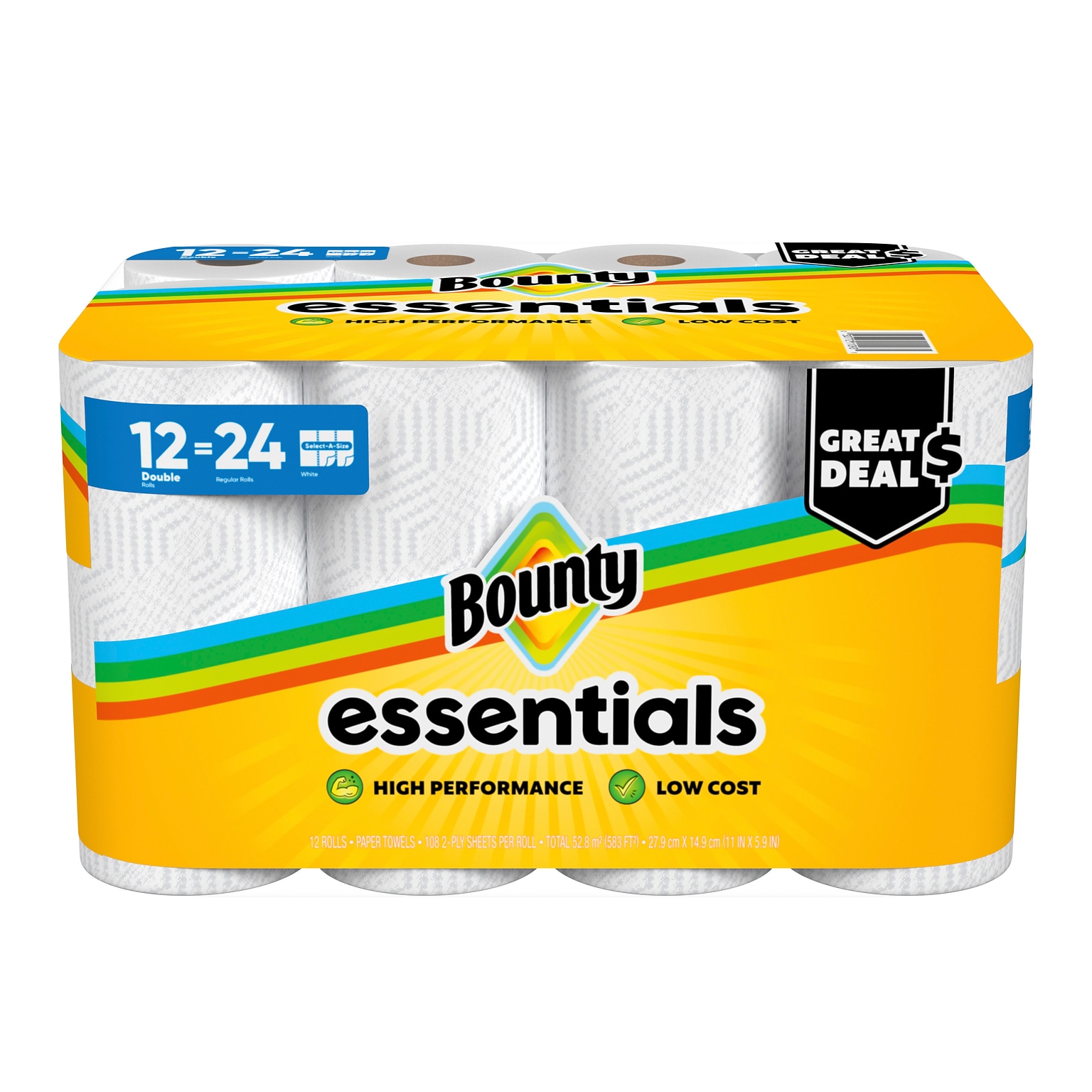 Bounty Essentiels  Select-A-Size Double Roll Paper Towels, 2-ply, White, 108 Sheets/Roll, 12 Rolls/Pack (11093)