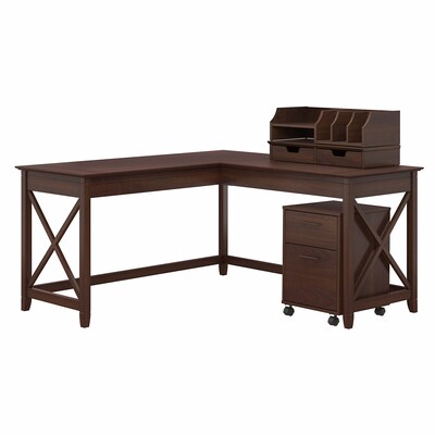 Bush Furniture Key West 60W L-Shaped Desk with Mobile File Cabinet and Desktop Organizer, Bing Cherry (KWS022BC)
