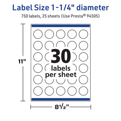 Avery TrueBlock Laser/Inkjet Circle Multipurpose Labels, 1.25" Dia., White, 750/Pack (94505)