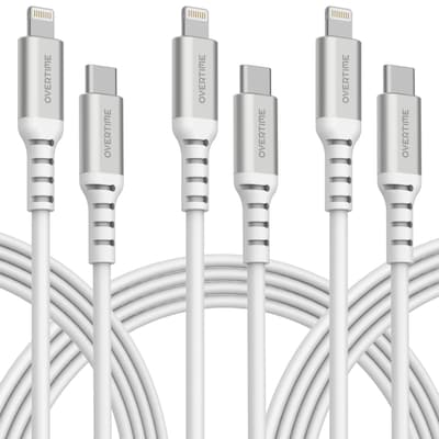 Overtime Lightning to USB-C Charging Cable, 6 ft., White. 3/Pack (OCAC2L6PK3)