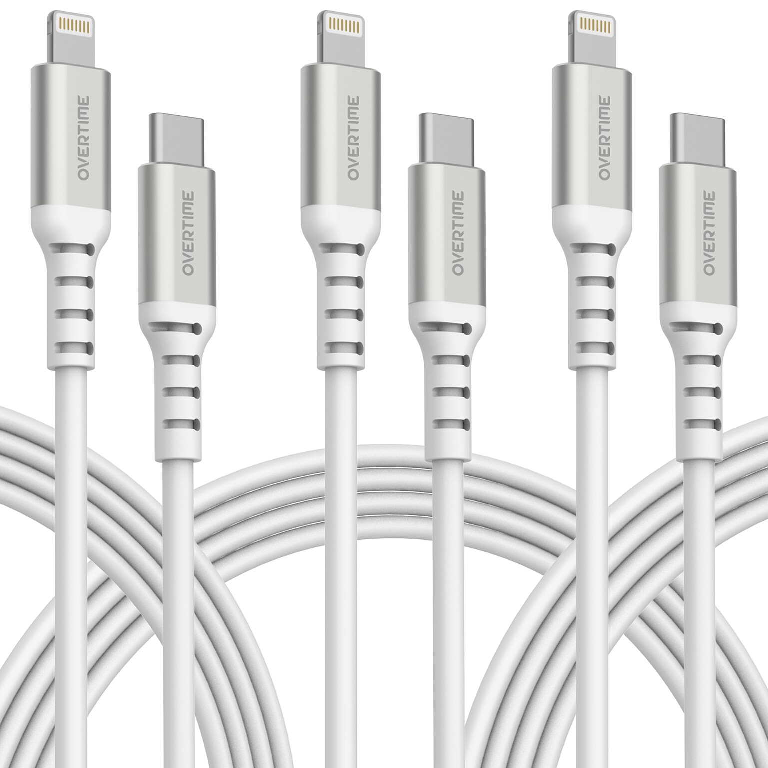 Overtime Lightning to USB-C Charging Cable, 6 ft., White. 3/Pack (OCAC2L6PK3)