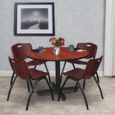 Regency 48 Round Table with 4 M Stacker Chairs, Burgundy with Cherry and Kobe Base (TKB48RNDCH47BY)