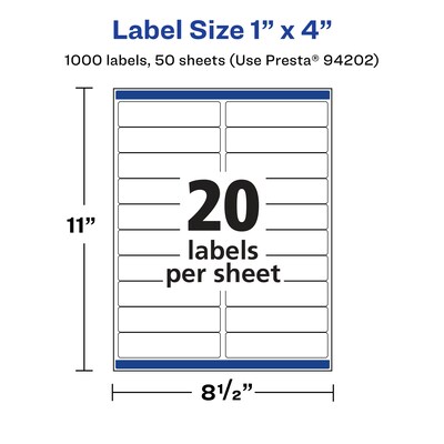 Avery Laser/Inkjet Rectangle Multipurpose Labels, 1" x 4", White, 1000 Labels/Box (94202)