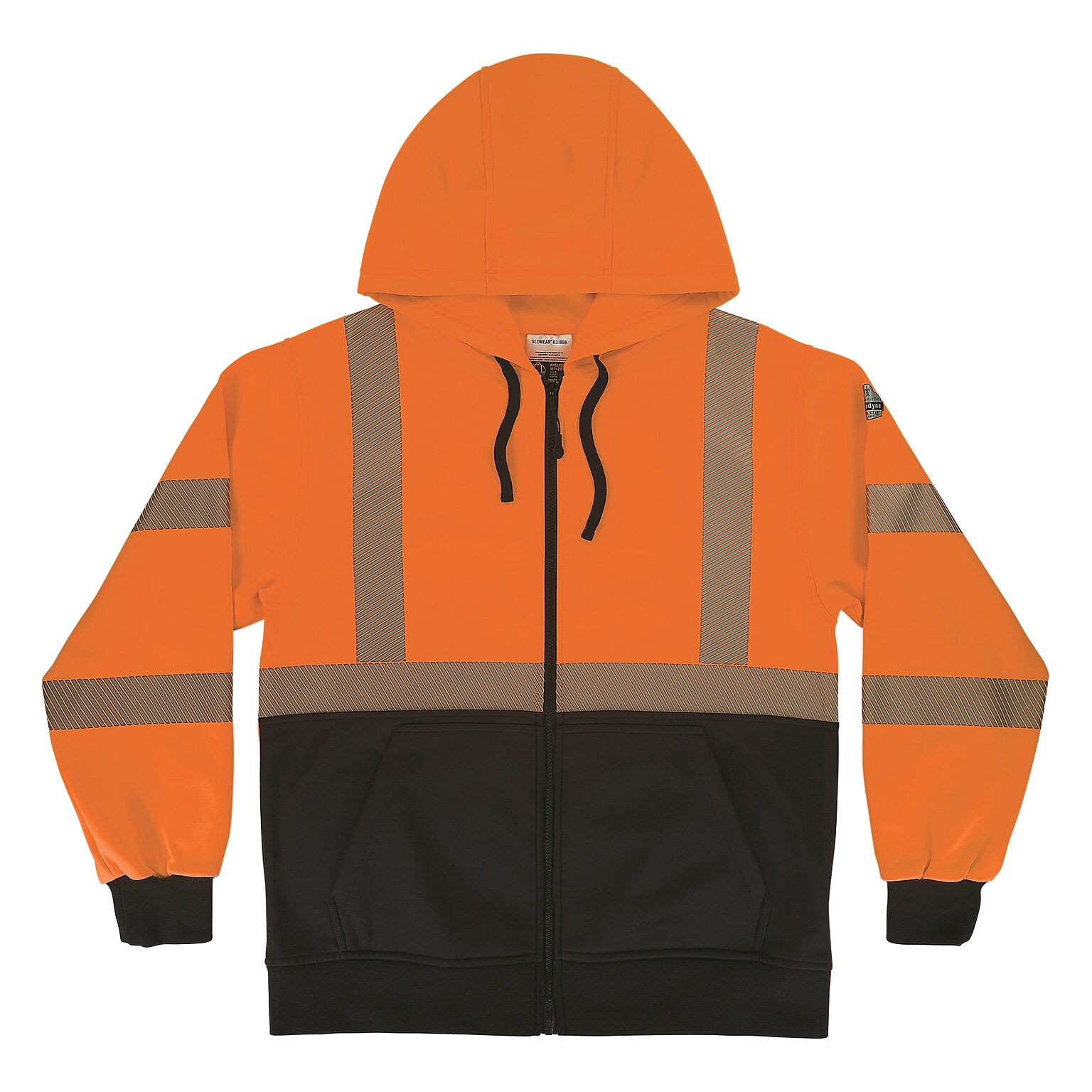 Ergodyne GloWear 8318BK High Visibility Long Sleeve Black Bottom Hooded Zip-Up Sweatshirt, ANSI Type R Class 3, Orange, 2XL