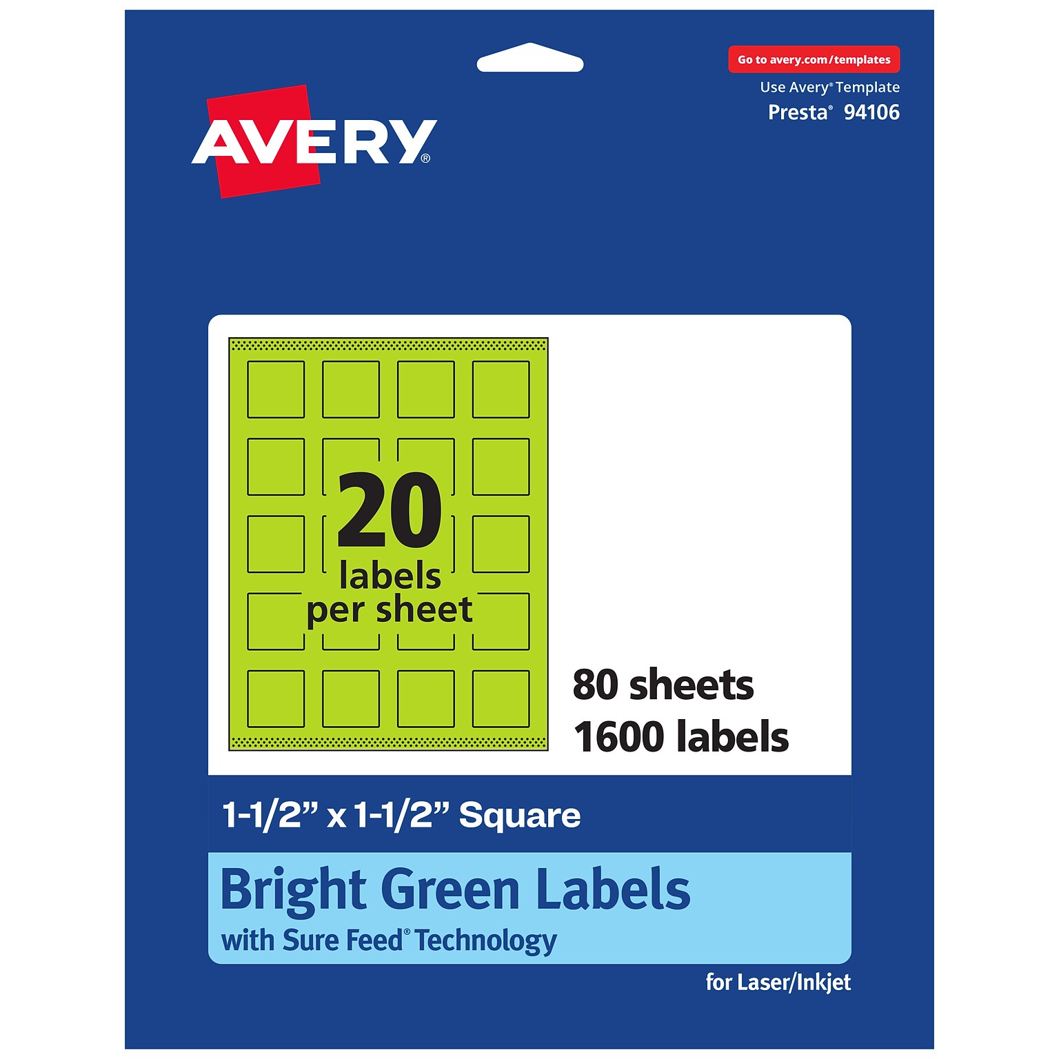 Avery Laser/Inkjet Multipurpose Square Labels, 1.5 x 1.5, Bright Green, 1600/Box (94106)
