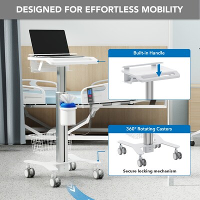 Mount-It! MedHub Height Adjustable Mobile Laptop Cart with Anti-Theft Bar, Storage, and Locking Wheels, White/Grey (MI-16030)