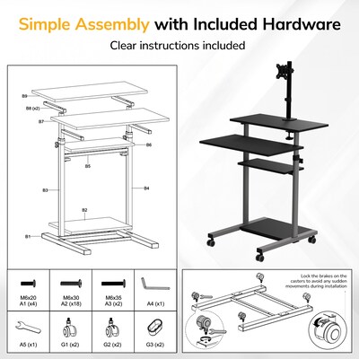 Mount-It! 28"W Adjustable Rolling Computer Work Station with Single Monitor Mount, Gray/Black (MI-7942)