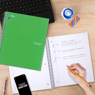 Five Star Spiral Notebook Plus Study App, 1 Subject, Wide Ruled, 8" x 10.5", 6 Pack, Assorted Colors