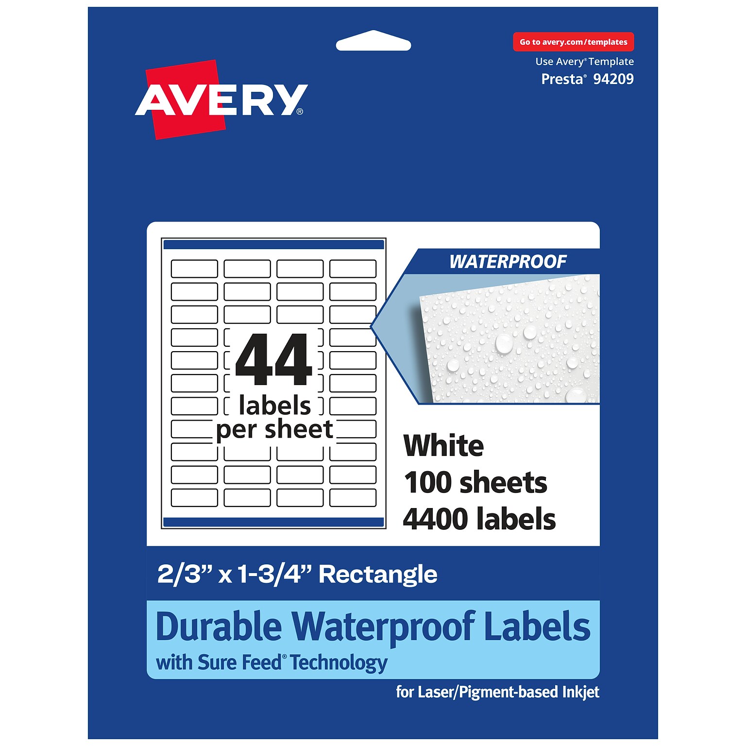Avery Laser/Inkjet Rectangle Waterproof Multipurpose Labels, 1.75  x 0.6667, White, 4400/Box (94209)