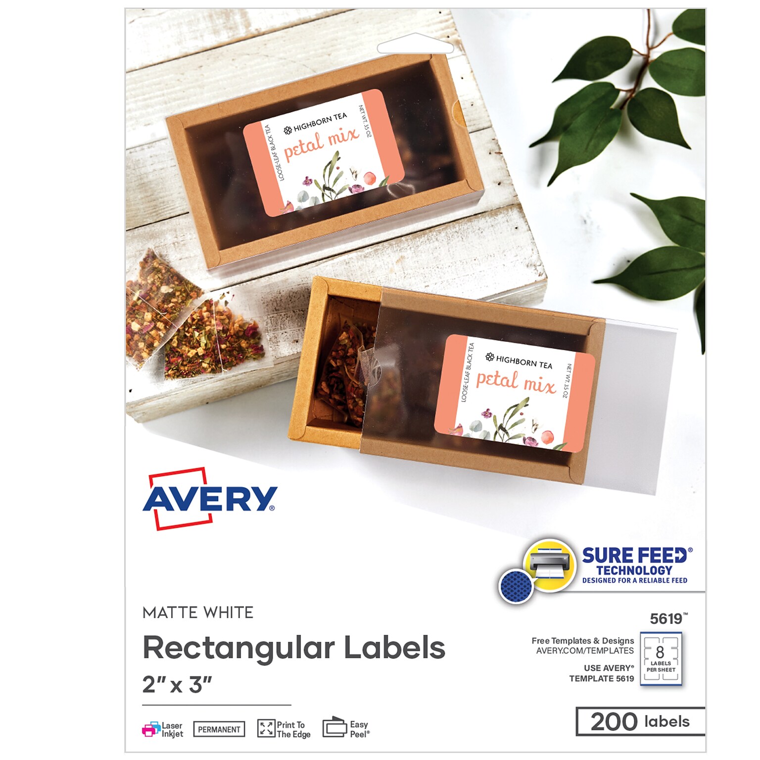 Avery Sure Feed Laser/Inkjet Multipurpose Labels, 2 x 3, Matte White, 8 Labels/Sheet, 25 Sheets/Pack (05619)