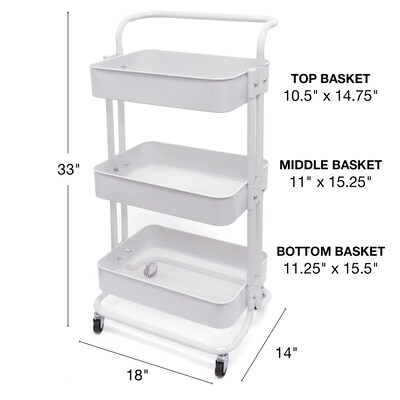 Excello Brands 3-Shelf Metal Rolling Utility Cart, White (OSO-MTL3CRT-WHT)