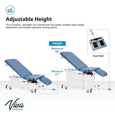 Viva Comfort XRO Electric Height and Back Adjustable Exam Table with Stirrups, 600 lb Capacity, Blue (ADI903-24-BLU-MK)