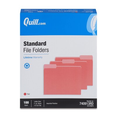 Quill Brand® File Folders, Assorted Tabs, 1/3-Cut, Letter Size, Red, 100/Box (740913RD)