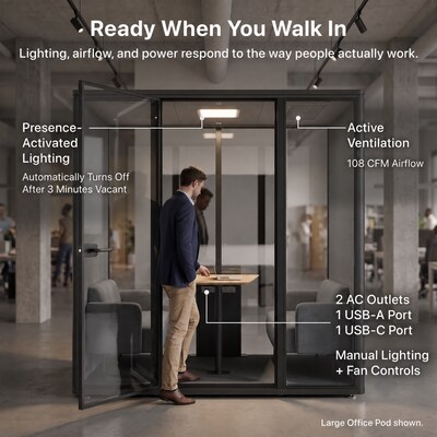 Uncaged Ergonomics Modular Acoustic Office Pod with Ventilation, Lighting and Power, Large, Black (POD-L-Black)