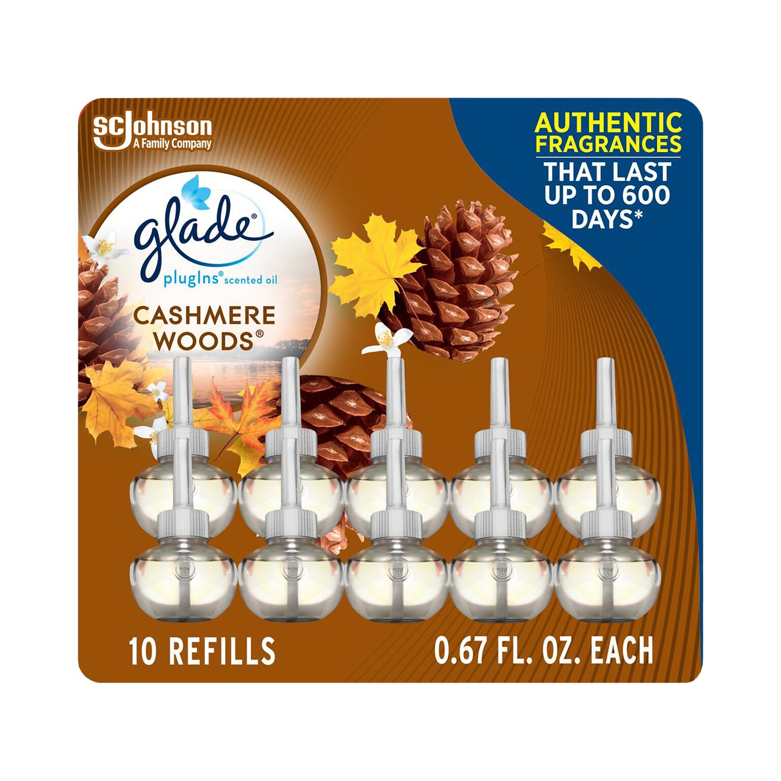 Glade PlugIns Scented Oil Diffuser Refill, Cashmere Woods, 0.67 fl. oz, 10/Pack (353724)