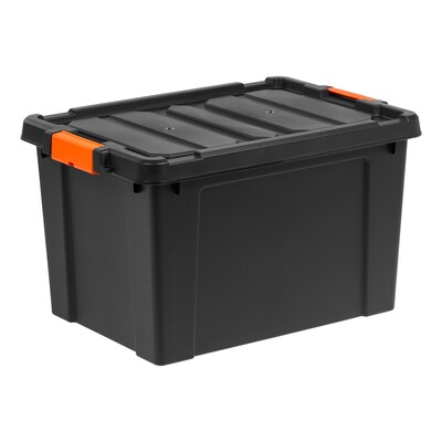 Iris Heavy Duty 78 Qt. Stackable Storage Bin with Latching Lid, Plastic, Black/Orange, 4/Pack (500154)