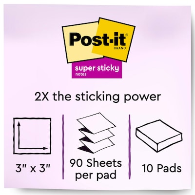 Post-it Pop-up Super Sticky Notes, 3" x 3", Supernova Neons, 90 Sheets/Pad, 10 Pads/Pack (R330-10SSMIA)
