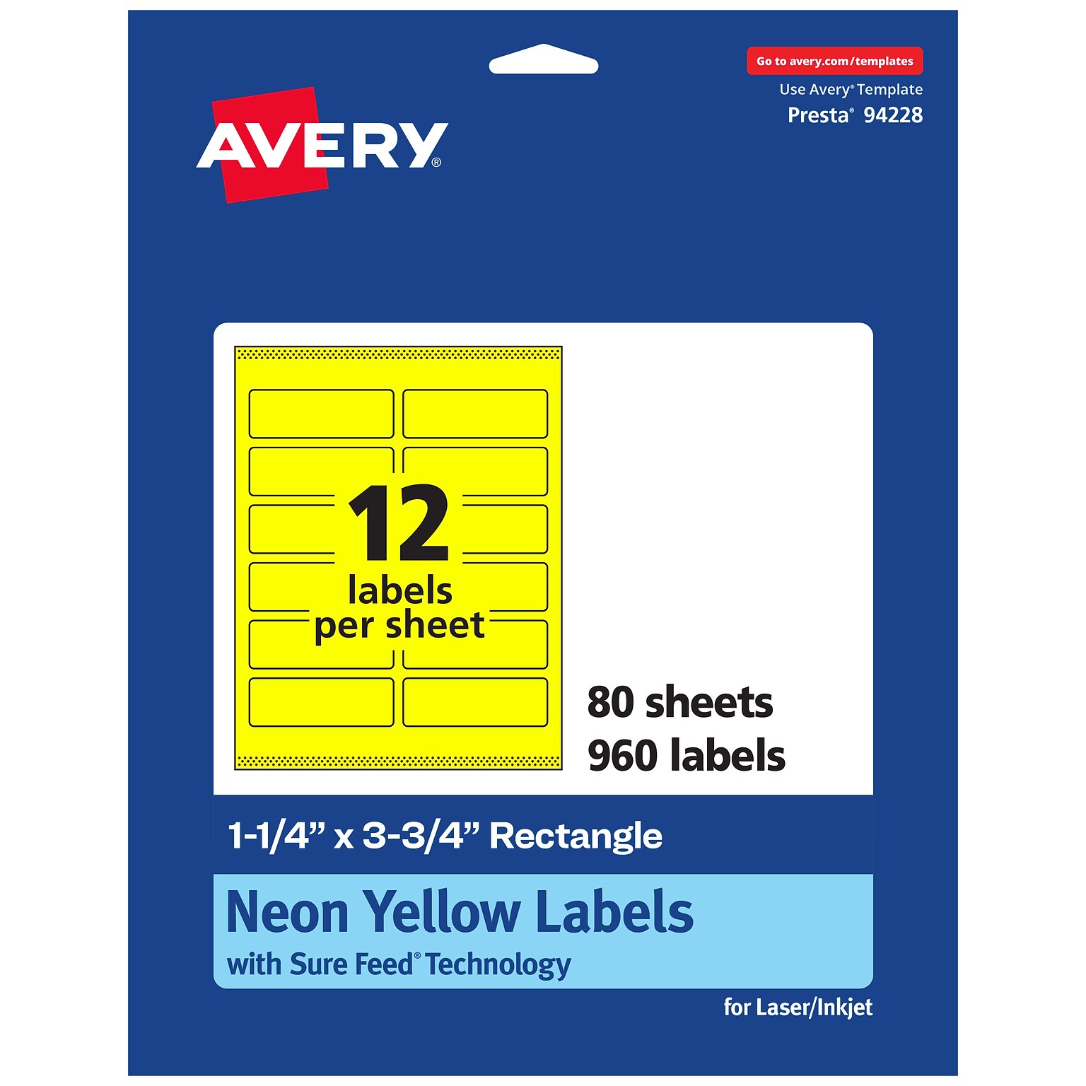 Avery Laser/Inkjet Rectangle Multipurpose Labels, 1.25 x 3.75, Neon Yellow, 960/Box (94228)