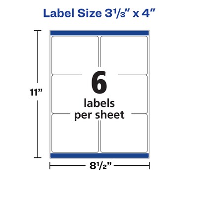 Avery Waterproof Laser Shipping Labels, 3-1/3" x 4", Matte White, 6 Labels/Sheet, 50 Sheets/Box, 300 Labels/Box (5524)