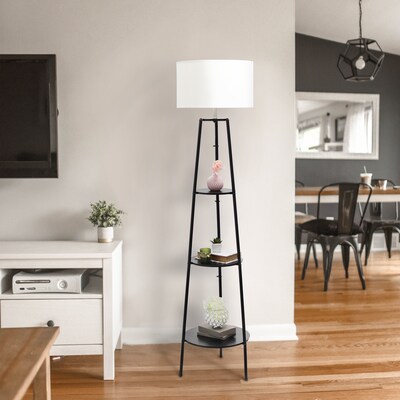 Simple Designs 62.5" Tall Modern Tripod 3 Tier Shelf Standing Floor Lamp with White Drum Fabric Shade, Black (LF2015-BLK)