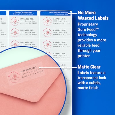 Avery Easy Peel Inkjet Return Address Labels, 1/2 x 1-3/4, Clear, 80 Labels/Sheet, 25 Sheets/Pack