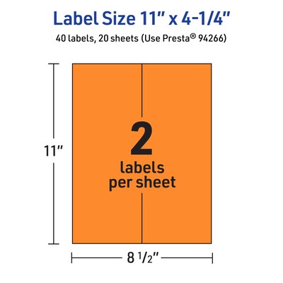 Avery Rectangle Multipurpose Labels, 11" x 4.25", Bright Orange, 40/Pack (94266)