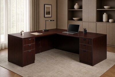 Boss Office Products 66" L-Shaped Desk with 2 File Pedestals, Mahogany (GROUPA21-M)
