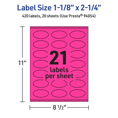 Avery Oval Laser/Inkjet Multipurpose Labels, 1-1/8" x 2-1/4", Neon Magenta (420/Pack)