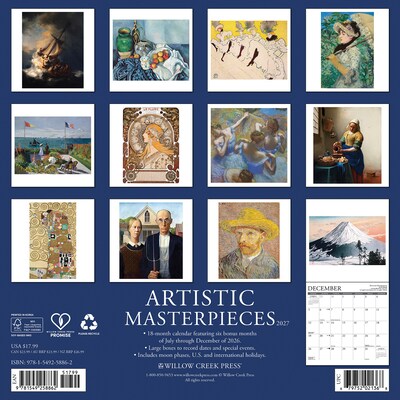 2027 Willow Creek Artistic Masterpieces 12 x 12 Monthly Wall Calendar, Assorted Colors (58862)