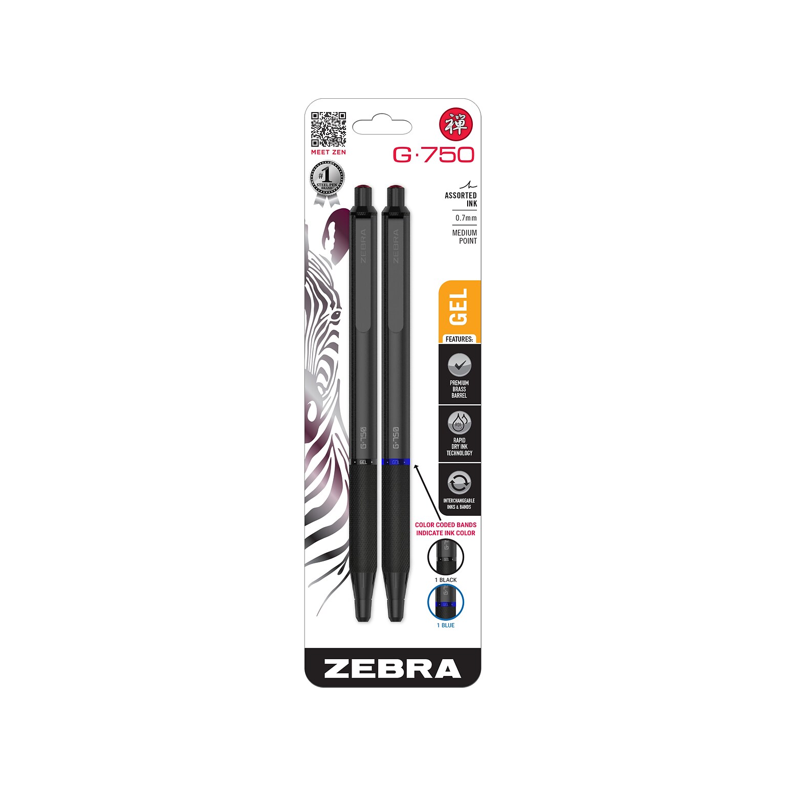 Zebra G-750 Retractable Gel Pens, Medium Point, Black/Blue Ink, 2/Pack (49802)