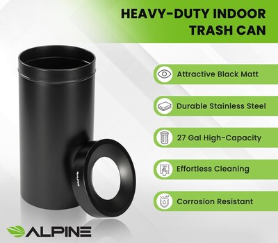 Alpine Industries Stainless Steel Trash Can, 27 Gallon, Black (ALP475-27-BLK)
