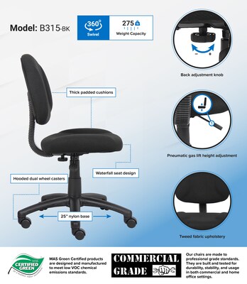 Boss Armless Ergonomic Fabric Swivel Task Chair, Black (B315-BK)