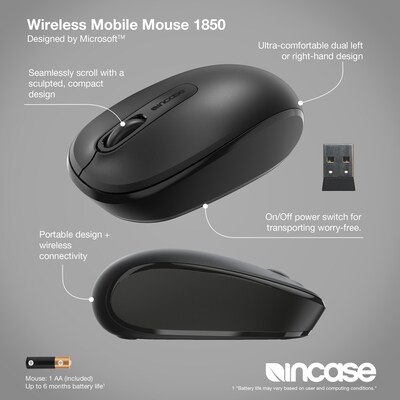 Incase Designed by Microsoft Wireless Mobile 1850 Ambidextrous Optical USB Mouse, Black (U7Z-00001)