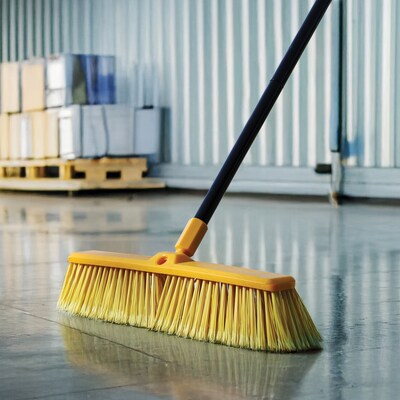 BISON LIFE Multi Surface Indoor/Outdoor 13  Polypropylene Bristle Flagged Angled Broom, Yellow, 6/P