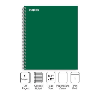 Staples® 1-Subject Subject Notebooks, 8.5 x 11, College Ruled, 100 Sheets, Green (TR58358M-CC)