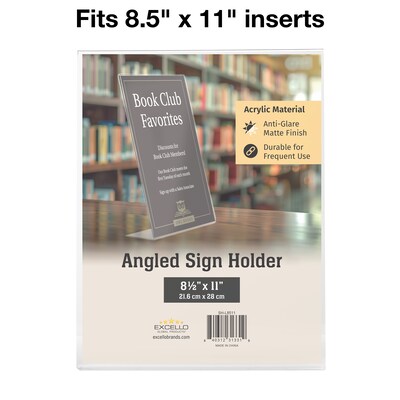 Excello Global Products Anti-Glare L Shape Sign Holder, 8.5 x 11, Vertical, Table Top/Countertop, Clear Acrylic