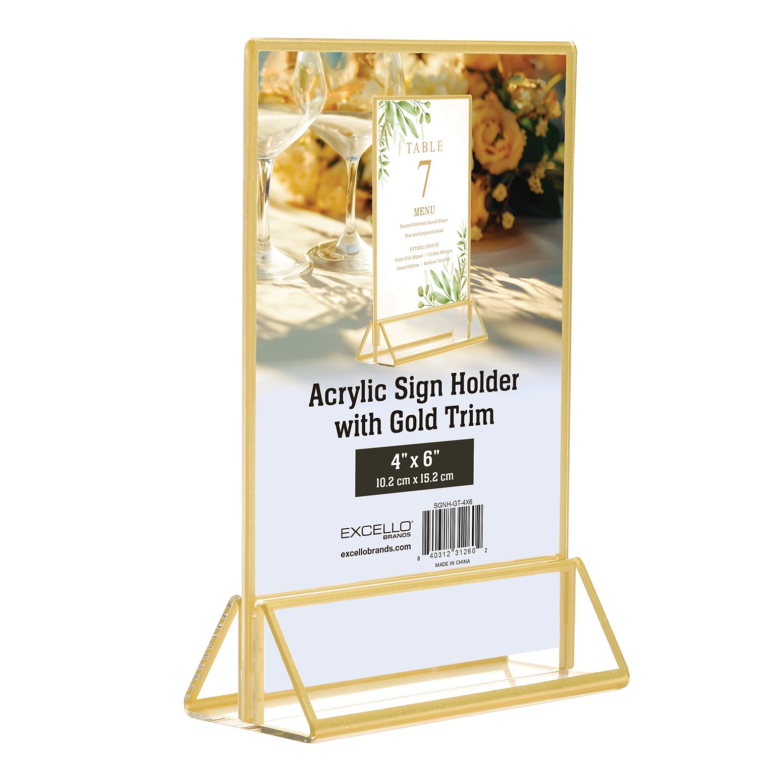 Excello Global Products Generic Holder, 4 x 6, Vertical, Desktop/Countertop, Gold Acrylic (SGNH-GT-4X6)