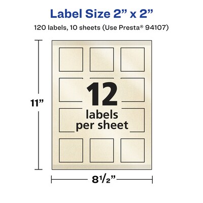 Avery Laser/Inkjet Square Pearlized Labels, 2" x 2", Ivory, 120 Labels/Pack (94107)