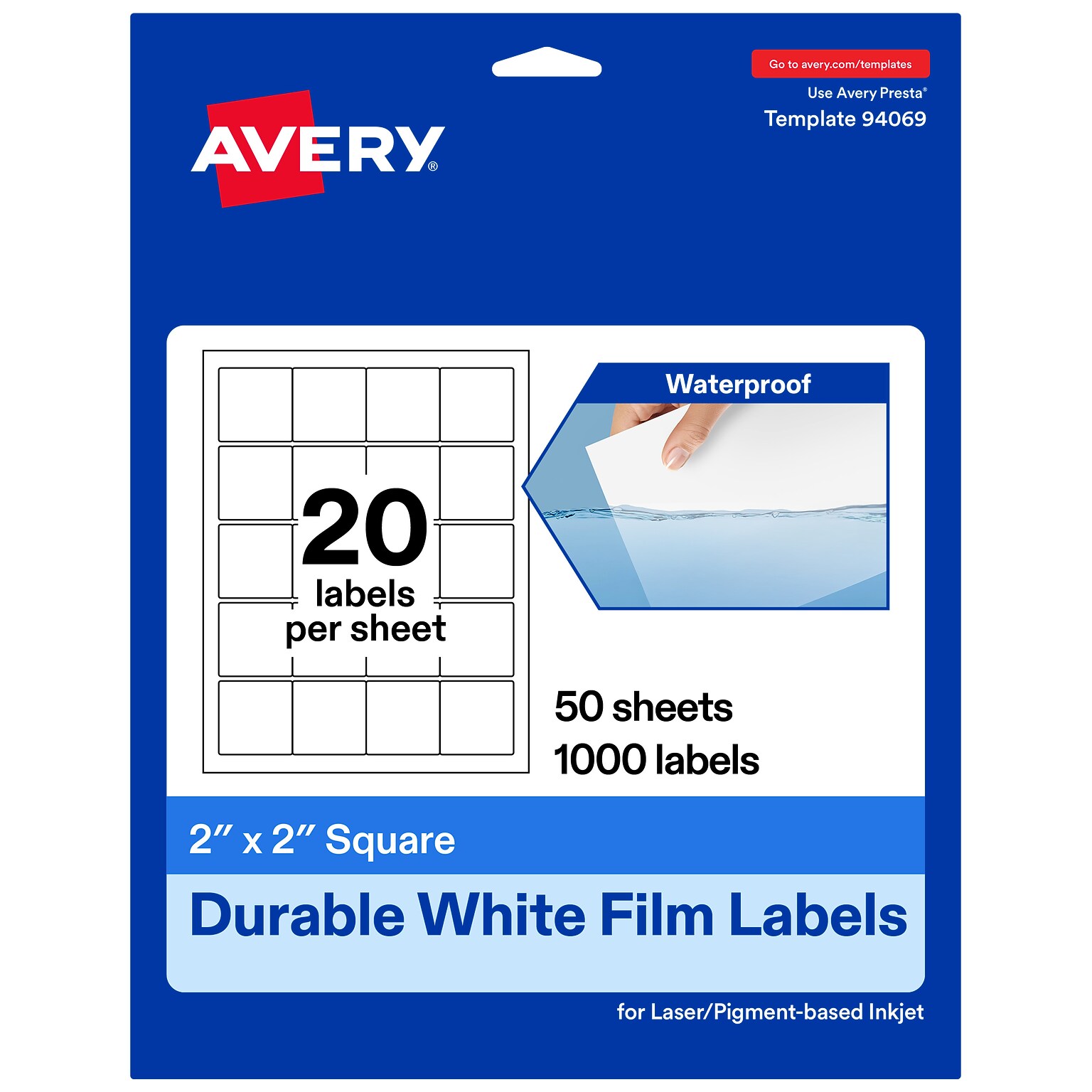 Avery Square Laser/Inkjet Multipurpose Labels, 2 x 2, White, 20 Labels/Sheet, 50 Sheets/Pack (19479311233)