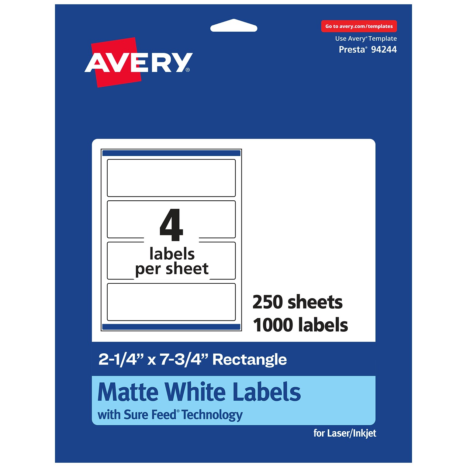 Avery Laser/Inkjet Rectangle Multipurpose Labels, 2.25 x 7.75, White, 1000 Labels/Box (94244)