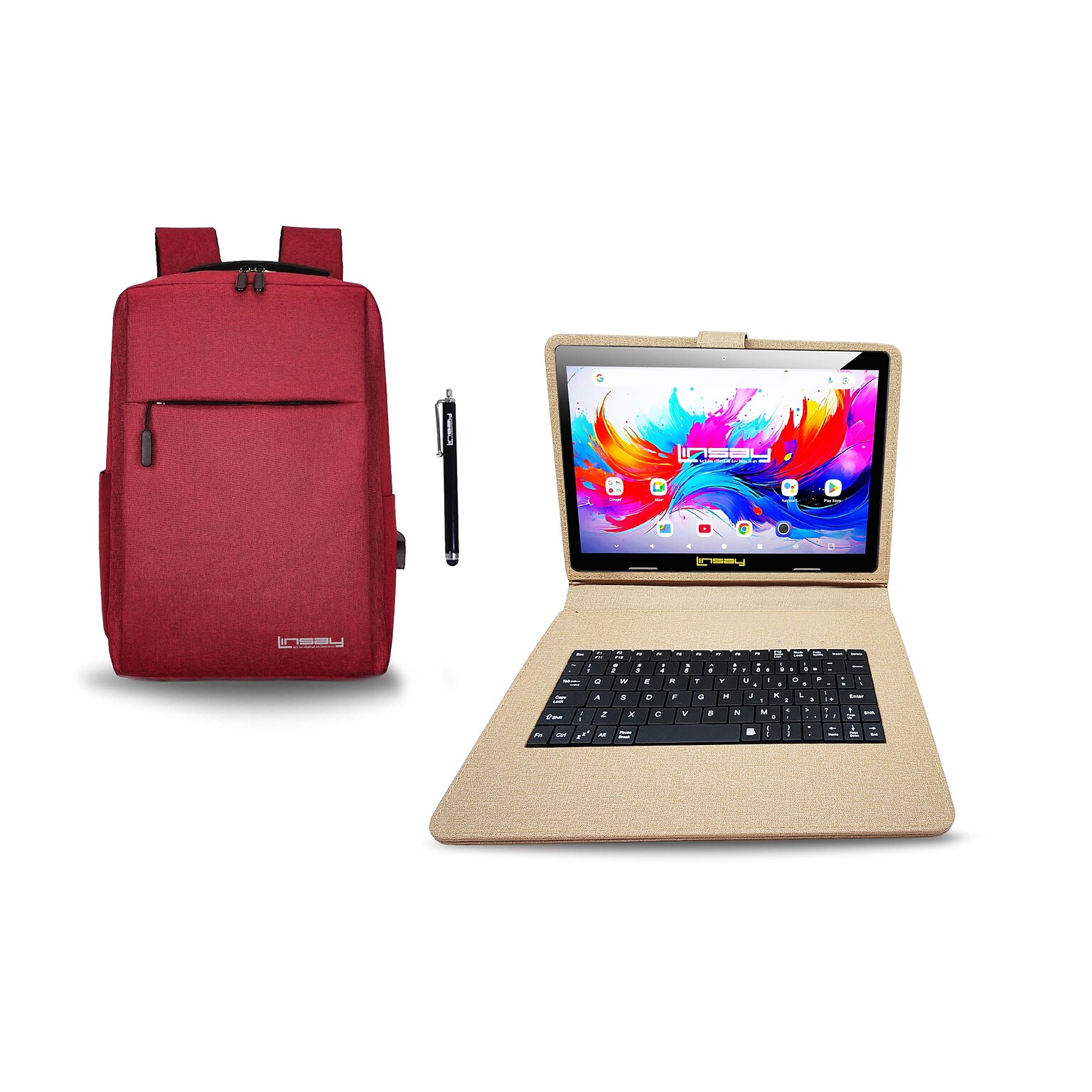 Linsay F10 Series 10.1 Tablet, Wi-Fi, Octa Core, 256GB eMMC, Android 15, with Brown Cloth Keyboard Case, Backpack, & Stylus Pen