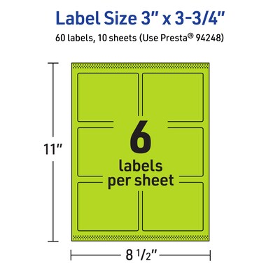 Avery Printable Rectangle Multipurpose Labels, 3" x 3.75", Bright Green, 60/Pack (94248)
