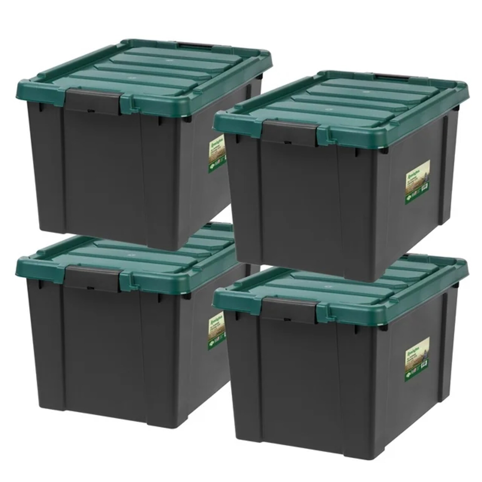 Remington Store-It-All 19 Gal. Storage Container with Latching Lid, Plastic, Black & Green, 4/Pack (296700)